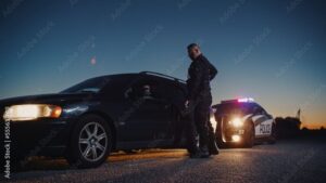 Police officer conducts nighttime traffic stop beside vehicle with flashing patrol car lights.