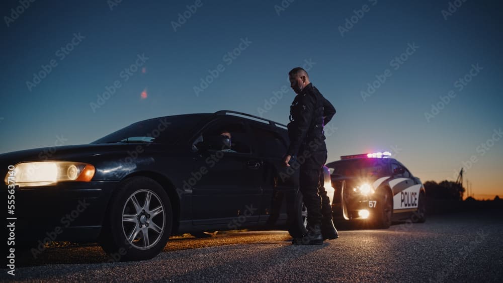 Police officer conducts nighttime traffic stop beside vehicle with flashing patrol car lights.